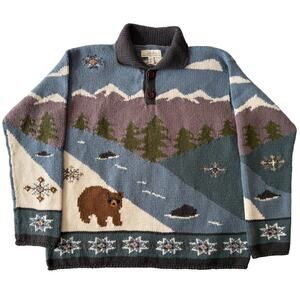 Vintage Cabelas Merino Wool Knit Sweater L/XL Nature Bear Forest AOP Pullover